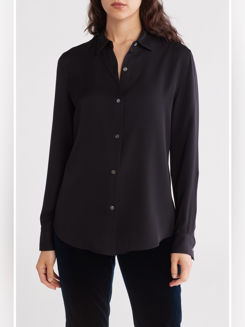 Theory Black Long-Sleeve Silk Button-Up Blouse